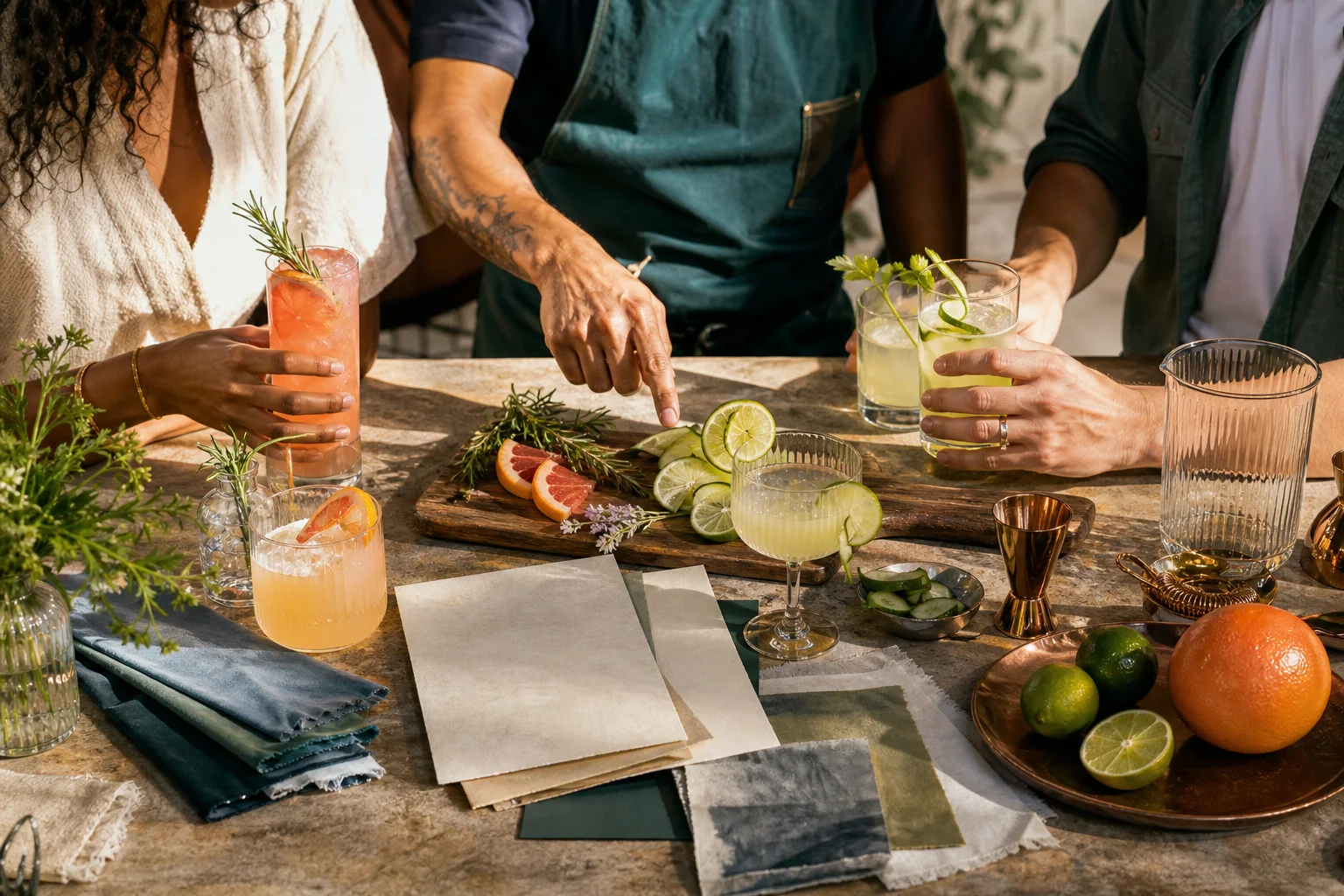 Guests and a bartender planning cocktail and mocktail details